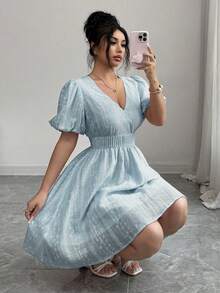 Modelyn Women's Elegant Striped Print Puff Sleeve Short Dress For Spring And Summer - Blue - View 7