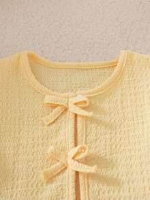 SHEIN Playful Pals 女嬰幼童新生兒 0-3 歲秋冬百搭日常淡黃色蝴蝶結長袖上衣 + 長褲套裝 - 黃色 - 查看 4