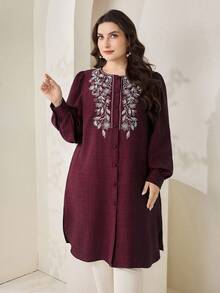 Veilorie Plus Size Women's Spring/Autumn Casual Vacation Style Floral Embroidery Lantern Sleeve Loose Long Shirt - Burgundy - View 7