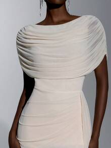 Elitara Elegant Formal Sexy Fashionable Beige Elastic Slim Fit Slit Long Dress With Draped Neckline Party Dinner Evening Gala Dinner Prom Rehearsal Wedding - Apricot - View 7