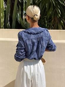 DAZY Summer Autumn Peter Pan Collar Petal Sleeve Button Embroidered Fabric Loose Blue Women's Blouse - Blue - View 2