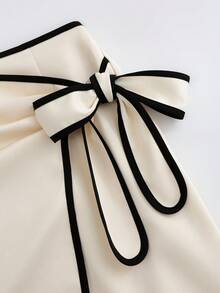 SHEIN Franclia Asian New Chinese Style Minimalist Small Stand Collar Sleeveless Top & Contrast Color Skirt 2 Pieces Set In Apricot - Apricot - View 7