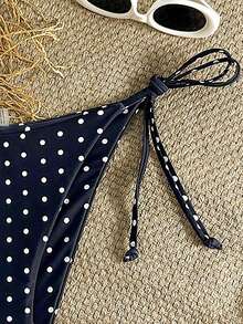 Swim Basics 女士波点印花系带性感比基尼泳裤，适合海滩度假 - 黑與白 - 查看 5