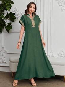 Al Najma Embroidered Collar Flower Shoulder Sleeve Small Stand Collar Elegant Dress - Dark Green - View 3