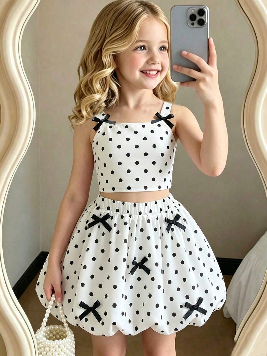Elladie kids 2pcs Young Girls Summer New Ins Style Black And White Polka Dot Back Open Bowknot Square Neck Sleeveless Tank Top And Multi-Bowknot Design Puff Skirt Set, Suitable For Daily Outings, Banquets, Parties, Celebrations, Vacations, Back To School, Spring And Summer