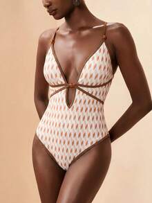 Zivah Women's Geometric Print Beaded Decor Sexy Camisole One-Piece Swimsuit, Cruise Travel Beach Seaside - Apricot - View 6