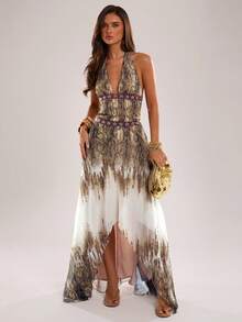 SHEIN BAE Spring/Summer Women's Casual Vacation Halter Neck Backless Animal Print Gradient A-Line Sexy Vacation Dress, Suitable For Beach Vacation, Beach Holiday, Casual Vacation, Sisters Casual Outing, Leopard Print Dress, Sexy Leopard Print Dress, Shiny Leopard Print Dress, Music Festival - Brown - View 1