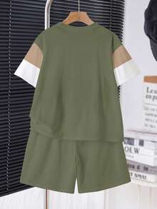 青少年男童休闲舒适简约圆领短袖T恤和短裤套装 - 彩色 - 查看 3