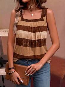 EMERY ROSE Holiday Casual Color Block Striped Tank Top Graphic Tees Women Tops - Brown - View 3