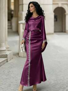 Modelyn 優雅長款杏色女裝洋裝，蕾絲袖口拼接設計，適合外出穿著 - Bold Plum - 查看 6