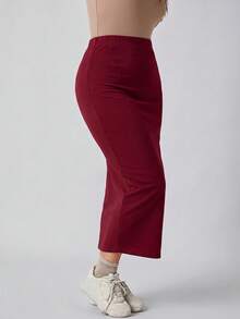 SHEIN BASICS Chân váy bút chì cạp cao màu trơn size lớn - Màu Đỏ Sâu - Xem 5
