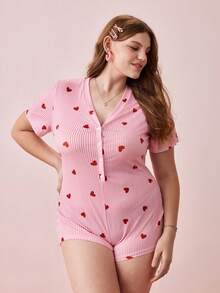 Bonmuse Plus Size Sexy Striped Heart Print Short Sleeve Jumpsuit - Pink - View 2