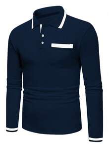 Manfinity Homme Camisa polo de manga larga con media abertura de botones, rayas y contraste de color para hombre, formal - Azul Marino - Ver 3