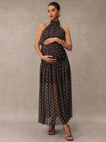 MaterniChic Maternity Summer Vintage Sexy Vacation Style Polka Dot Print Backless Knot Halter Neck Dress - Brown - View 8