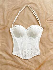 Soleia Top de tirantes finos tipo camisola para mujer de verano, color liso, con textura y plisado de espina de pescado - Blanco - Ver 3