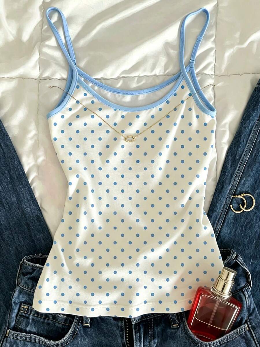 IslaSuriya 女款休閒圓領波點印花細肩帶上衣 - 藍色 - 查看 1