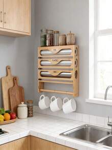 1 Roll Bamboo Cling Film Dispenser With Aluminum Foil Dispenser And Paper Towel Holder Space Saving Kitchen Wrap Organizer Rack For Kitchen Counter Drawer Back To School Season Durable Rust Proof Easy Cut Slider - Multicolor - View 5