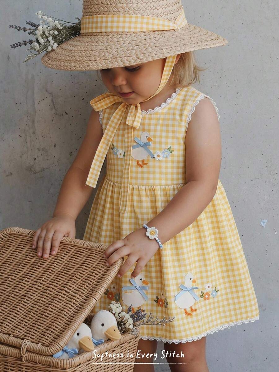 Cozy Pixies Baby Girls Sleeveless Floral Woven Dress,Yellow Plaid Duck Print Dress With Bow,Cute Summer Princess Dress,Comfortable Party Pastoral Nordic Outings - Yellow - View 1