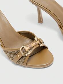 CUCCOO CHICEST Women Shoes Khaki D-Print Pattern Gold Buckle Classic Fashion Mules Round Toe High Heel Sandals - Khaki D printing - View 5