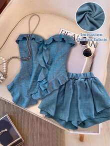 GlowEve CURVE Plus Size Solid Color Denim Effect Tube Top & Shorts 2-Piece Set - Blue - View 1