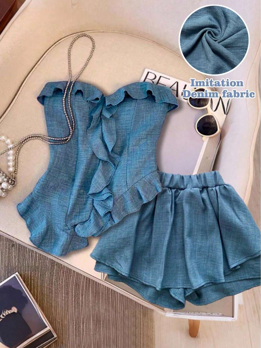 GlowEve CURVE Plus Size Solid Color Denim Effect Tube Top & Shorts 2-Piece Set - Blue - View 1