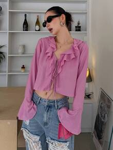 DAZY Women's Spring/Autumn Casual Vacation Style Solid Color Multi-Layer Ruffle Tie-Knot Flared Sleeve Cropped Top - Pink - View 3