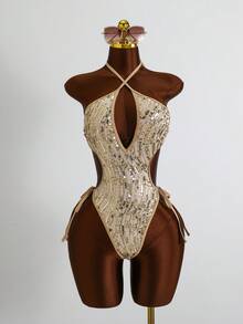 Costavie Glamour One-Piece Spring/Summer Vacation Sequin Textured Fabric Halter Neck Sexy Bikini Women's Swimsuit - Gold - View 5
