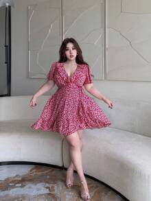 Vibekara Plus Size Summer Ruffle Sleeve French Romantic Boho Vacation Ditsy Floral Waist-Cinched Dress 1 Red And White - Multicolor - View 4