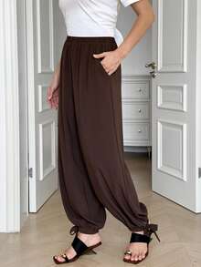 Solavon New Design Lightweight Loose Wide Leg Relaxed Pleated Lantern Pants - Brown - View 7