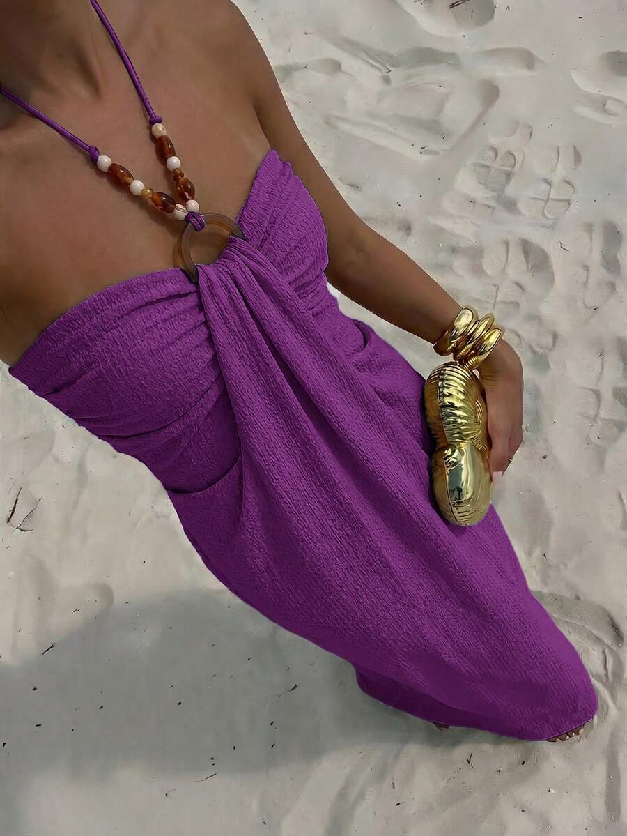 Aloruh Women's Fashion Holiday Party Solid Color Halter Neck Dress - Purple - View 1