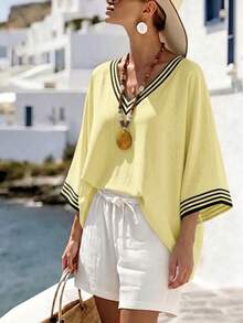 Wandoria Women's Loose V-Neck Striped Placement Print Casual Commuting Elegant Vacation Shirt Vacation Black And Yellow Summer - Multicolor - View 7