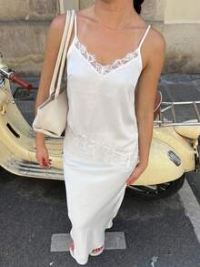 Elegant Women's Summer Camisole In Solid Color With Lace Patchwork And Side Slit - White - View 7
