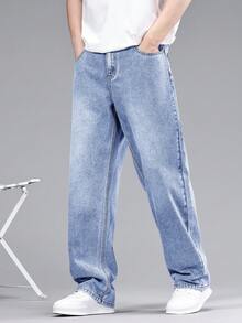 Manfinity Hypemode Celana Panjang Denim Pria Ukuran Besar Warna Biru Muda dengan Potongan Lebar, Cocok untuk Liburan Musim Panas dan Kasual. - Light Wash - View 6