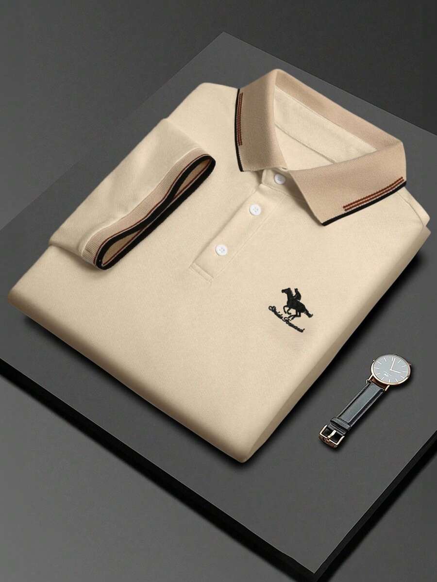 Calvornis Men's Business Casual Ribbed Collar Short Sleeve Formal Polo Shirt, Ceremony - Apricot - View 1