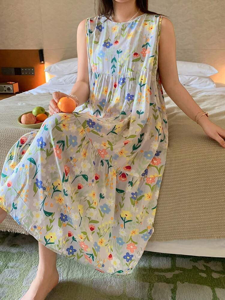 Dazy Plus Floral Print Round Neck Loose Long Casual Nightgown For Girls