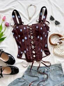 Soleia Women's Blue And Brown Polka Dot Summer 1960s Vintage Camisole Bra Top, Lace Corset Bustier For Tea Party,Off-The-Shoulder Fitted Outfits Tops - Multicolor - View 1