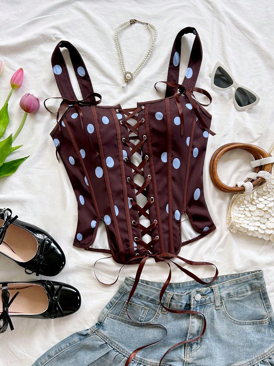 Soleia Women's Blue And Brown Polka Dot Summer 1960s Vintage Camisole Bra Top, Lace Corset Bustier For Tea Party,Off-The-Shoulder Fitted Outfits Tops - Multicolor - View 1