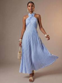 Zivah New Summer Casual Vacation Blue And White Striped Cross-Strap A-Line Loose Women Long Dress, Suitable For Everyday Wear, Vacations, Music Festivals, Travel, Beaches, Party, Airport Outfits, Brunch Outfits, Boho , Nomadic,Casual ,Commuting-A - Blue and White - View 7