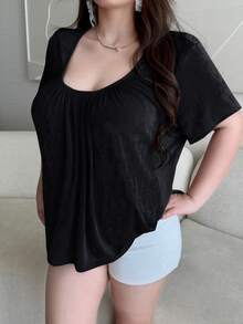Vibekara Camiseta holgada cómoda y casual con pecho fruncido talla grande para primavera y verano - Negro - Ver 3