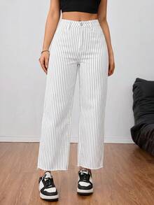 SHEIN Tall 女款極簡線條設計休閒牛仔褲，適合高個女性 - 黑與白 - 查看 7