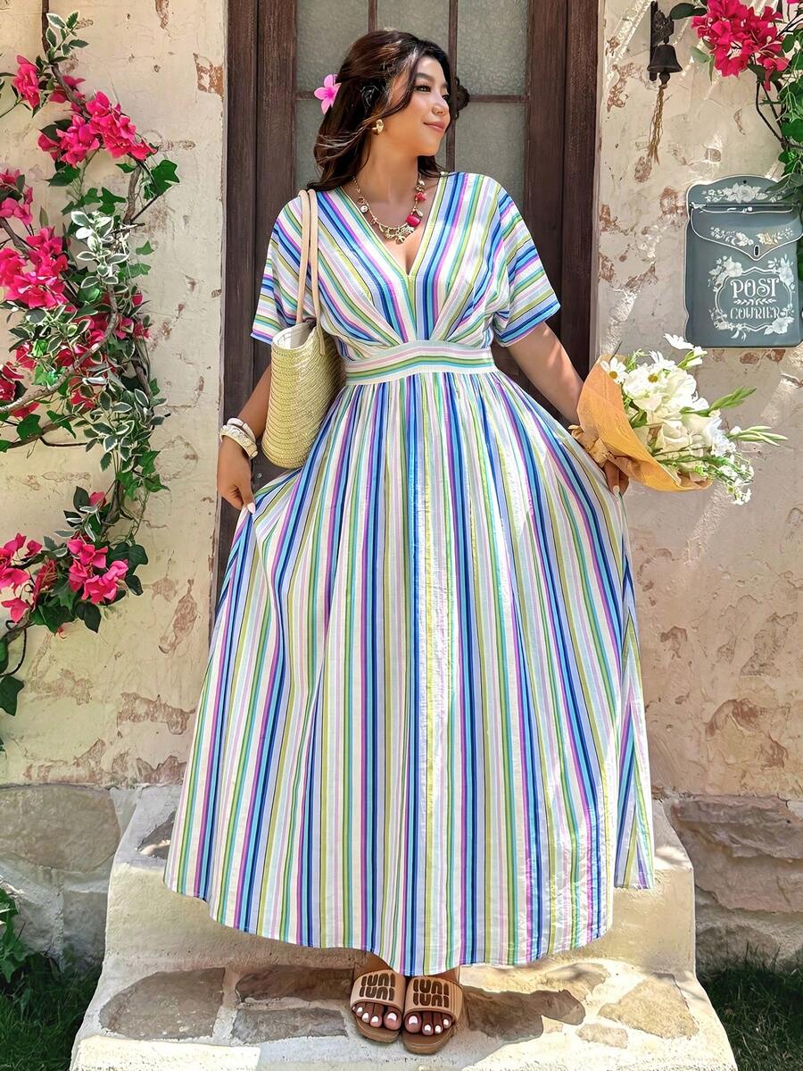 Vionelle Vestido de Talla Grande Estilo Vacacional con Rayas Coloridas, Cuello en V y Cintura Ceñida - Azul - Ver 1