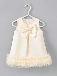 SHEIN Glamorique Kids 女嬰夏季洋裝，開學季，3個月至3歲，杏色，可愛時尚3D蝴蝶結，圓領，無袖，多層荷葉邊網紗洋裝，鈕扣開合，舒適柔軟，優雅時尚，適合春/夏季、生日、家庭、學校、派對，可作為禮物 - 杏色 - 查看 1