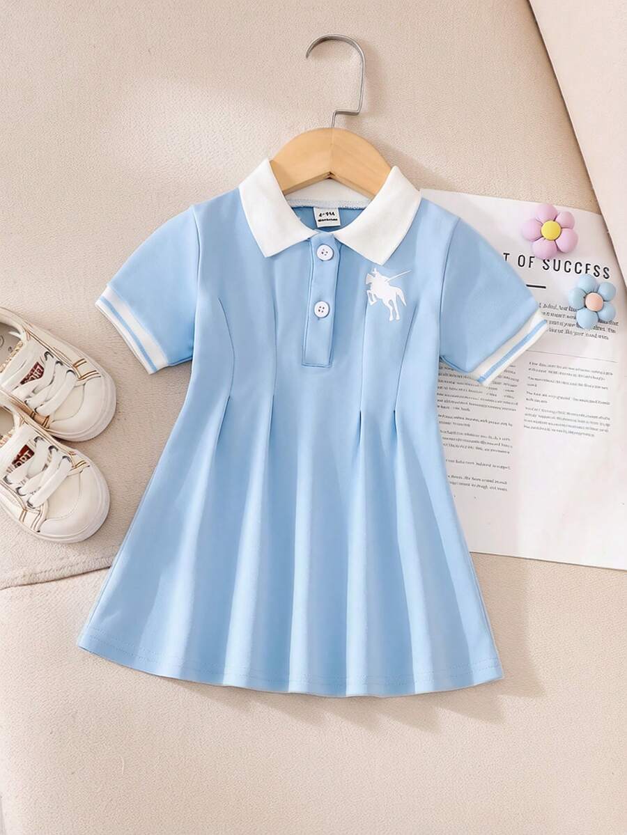 SHEIN 女嬰皇家藍休閒洋裝,1件裝,羅紋領口、羅紋袖口,熱門馬匹印花,適合休閒、外出、運動及派對 - 藍色 - 查看 1