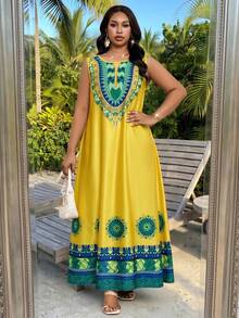 SHEIN Lady CURVE Plus Size Women's Yellow Sleeveless Bohemian Maxi Dress With Scoop Neck And Colorful Print - Yellow - View 4
