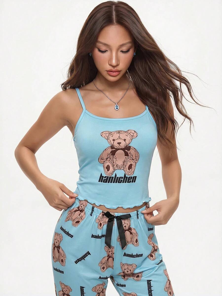 Rina Fox 2pcs Cute Bear Print Camisole & Pants Pajama Set - Multicolor - View 1
