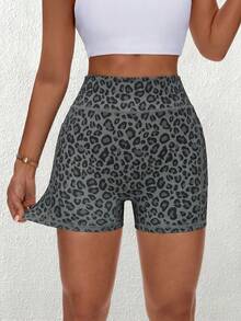 SHEIN Core Rhythm Women's Leopard Print Athletic Shorts - Black - View 3