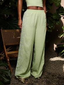NYA SZN Anika Pant Monstera Plant Floral Linen Look Elastic Waistband Comfortable Embroidered Brunch Casual Vacation Date Night Summer Outfits For Women - Green - View 2