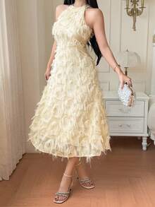 DAZY Summer Elegant Slim Fit Lace Dress Sleeveless Women's Midi Dress - Beige - View 5
