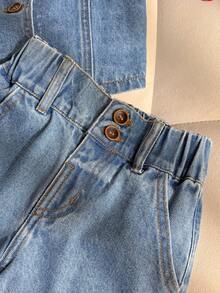 2pcs/Set Young Girl Denim Outfit, Summer, Soft, Cotton, Casual, Fashion, Versatile, Daily, Loose & Comfortable, Minimalist, Cute V-Neck Sleeveless, Contrast Stitching Design, Elastic Waist, Loose Fit, Vintage Classic Dark Blue Washed V-Neck Sleeveless Denim Vest + All-Match Denim Shorts, Suitable For Casual, Vacation, Daily - Medium Wash - View 5
