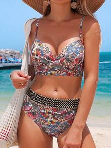 Swim Lushoire 女款海灘度假花卉印花交叉設計比基尼兩件式泳衣（B 罩杯托高含鋼圈，隨機印花） - 彩色 - 查看 10